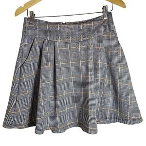 Potter's Pot Womens Blue Mustard Plaid Flair Casual Skirt M Pockets Zipper Short